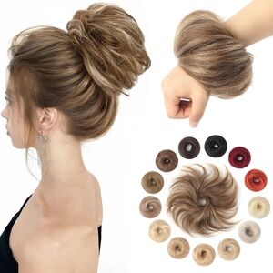 Human Hair Bun Medium Brown With Dark Blonde Natural Curly Tousled Stretchy Huma